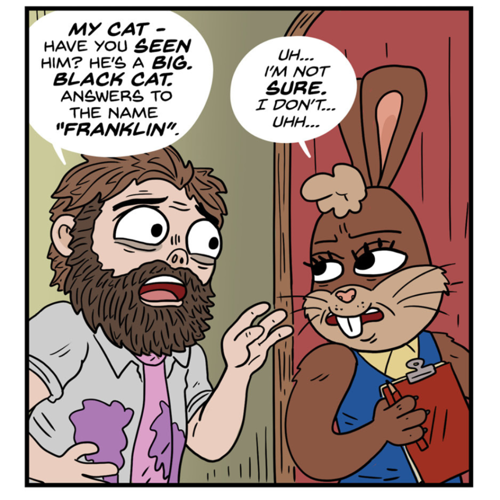 Guy asks about his cat while among newly "civilized" animals in Animals Rule This Land